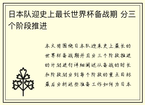 日本队迎史上最长世界杯备战期 分三个阶段推进